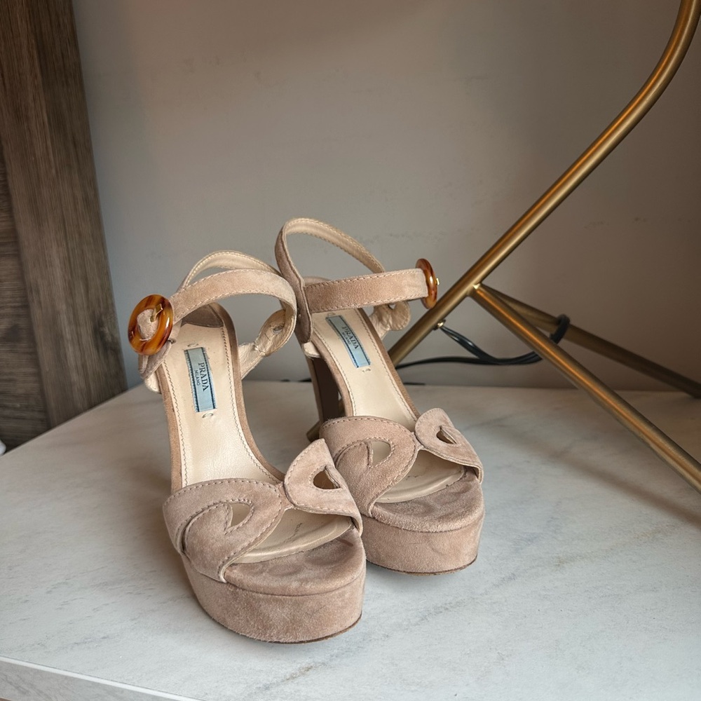 Prada Tan and Pink Platform Sandals with Ankle Strap